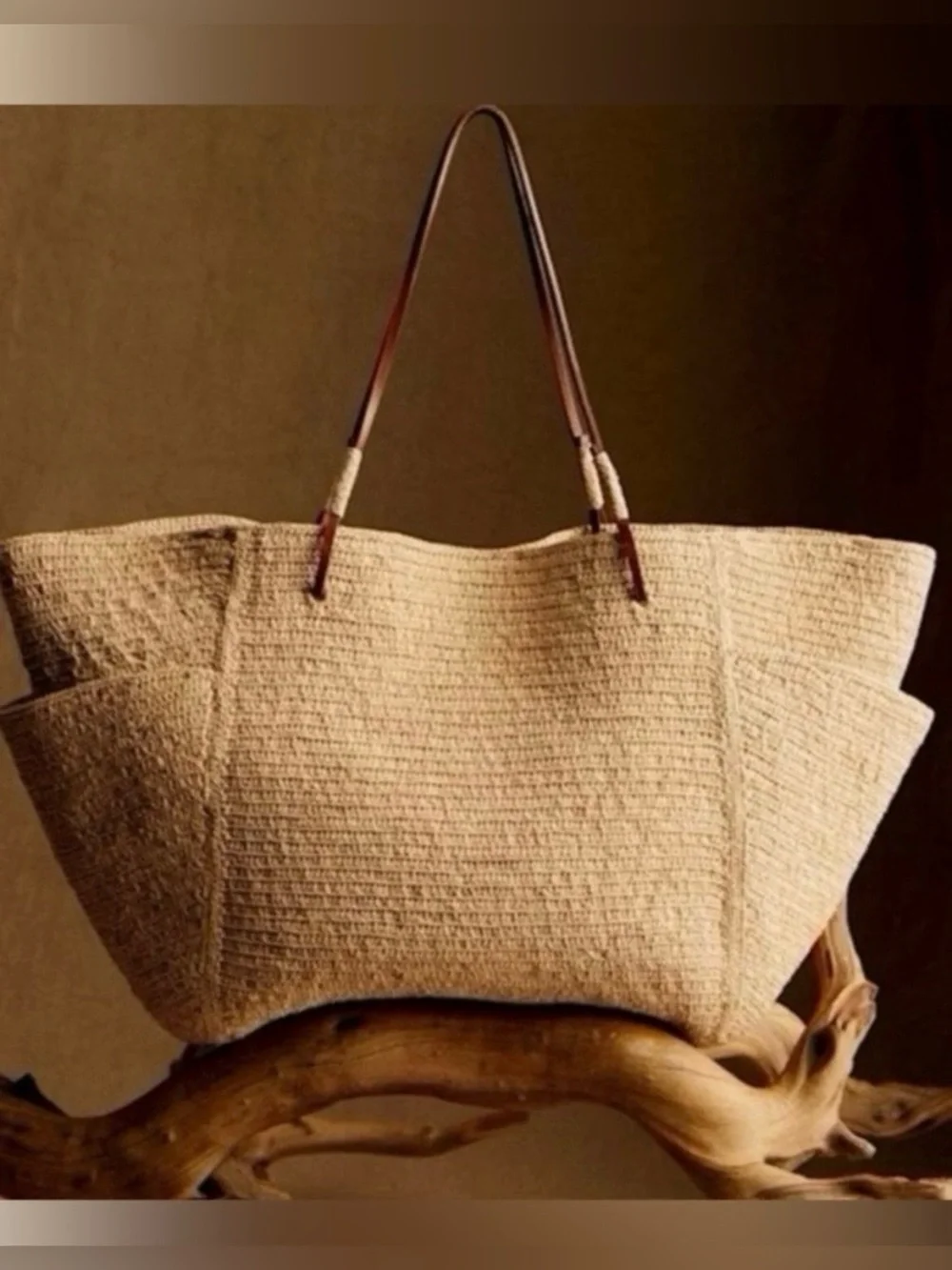 Sézane Natural Woven Straw Tote with Brown Leather Handles